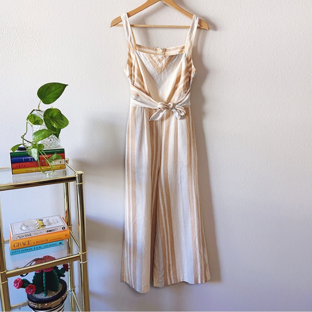 Anthropologie Cream and Tan Striped Jumpsuit